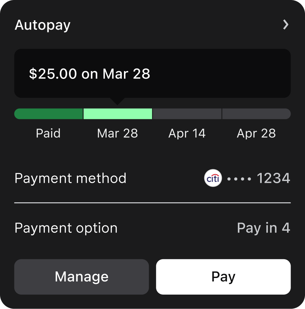 Autopay installment card with schedule, payment method, and actions